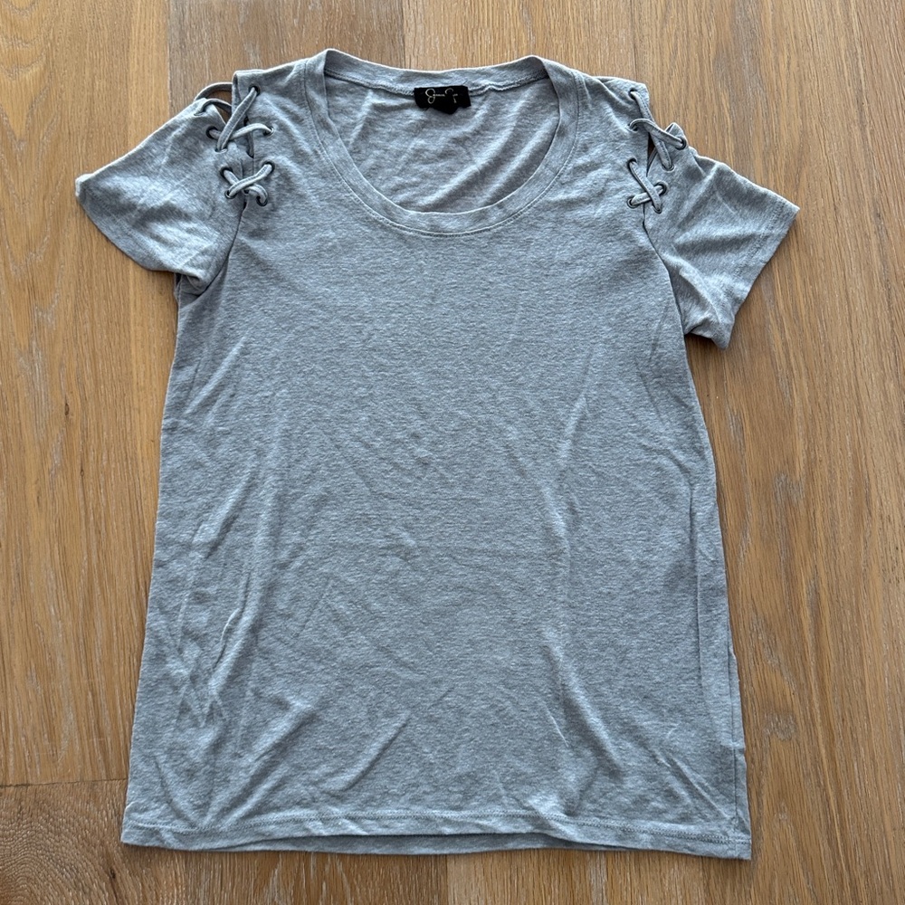 Jessica Simpson gray tee shirt with lace tie accents at shoulders